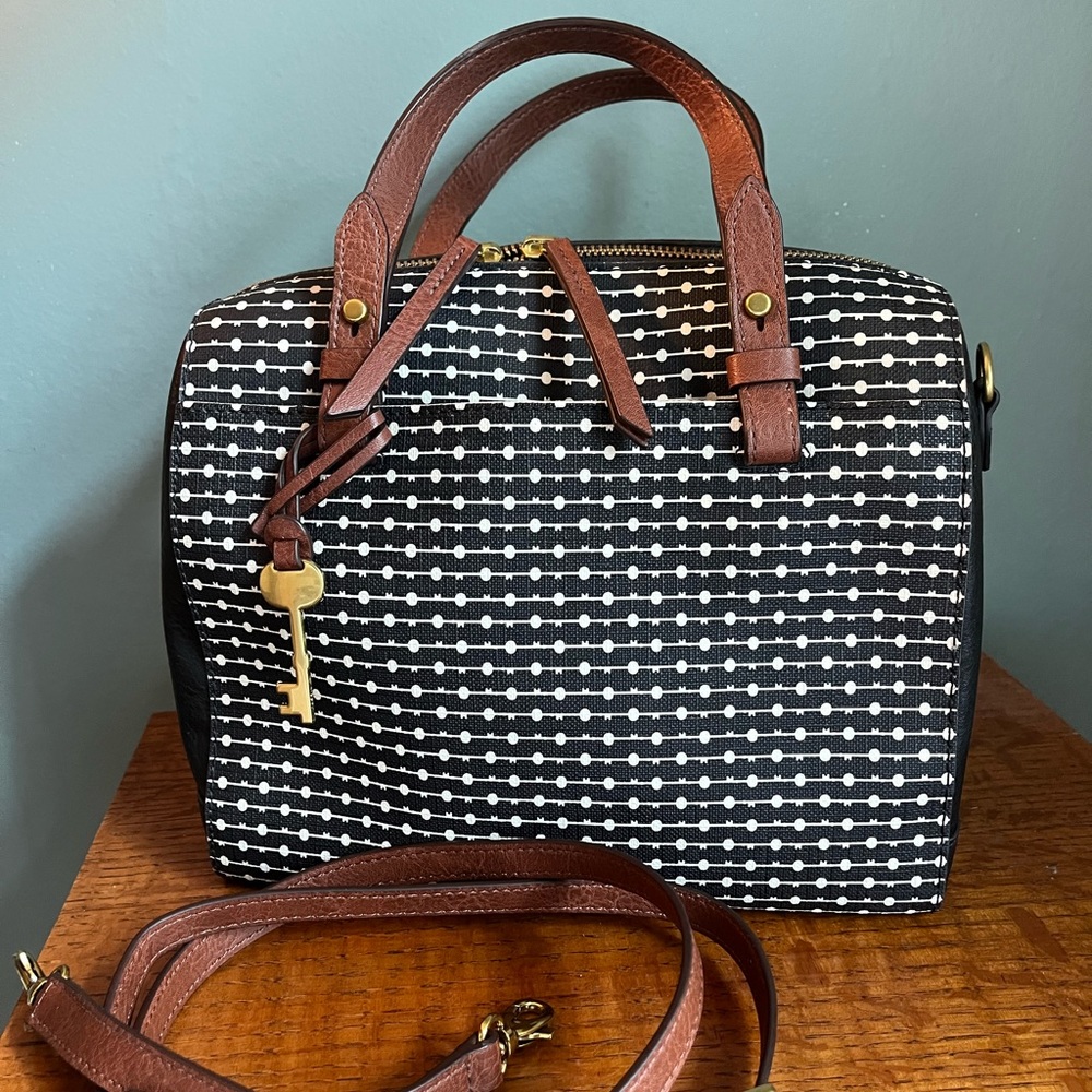 Fossil Rachel Satchel Black Stripe Handbag Crossbody